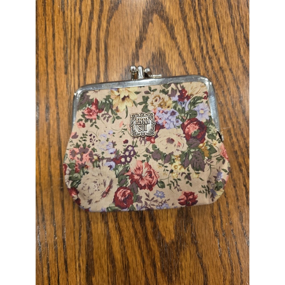 Anna Sui‎ Floral Wallet Change Coin Purse 5"x4" Beige Floral